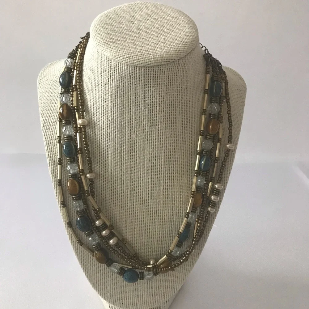 Premier Design 5 strand necklace in blues, mustard colors with‎ burnished…
